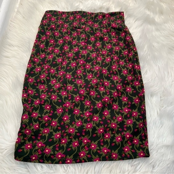 Lularoe Cassie Pencil Skirt Green Pink Floral - Picture 6 of 10